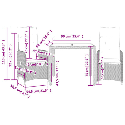 3 pcs conjunto bistrô de jardim c/ almofadões vime PE castanho