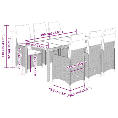 7 pcs conjunto bistrô de jardim c/ almofadões vime PE castanho