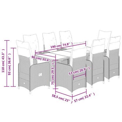 9 pcs conjunto bistrô de jardim c/ almofadões vime PE castanho