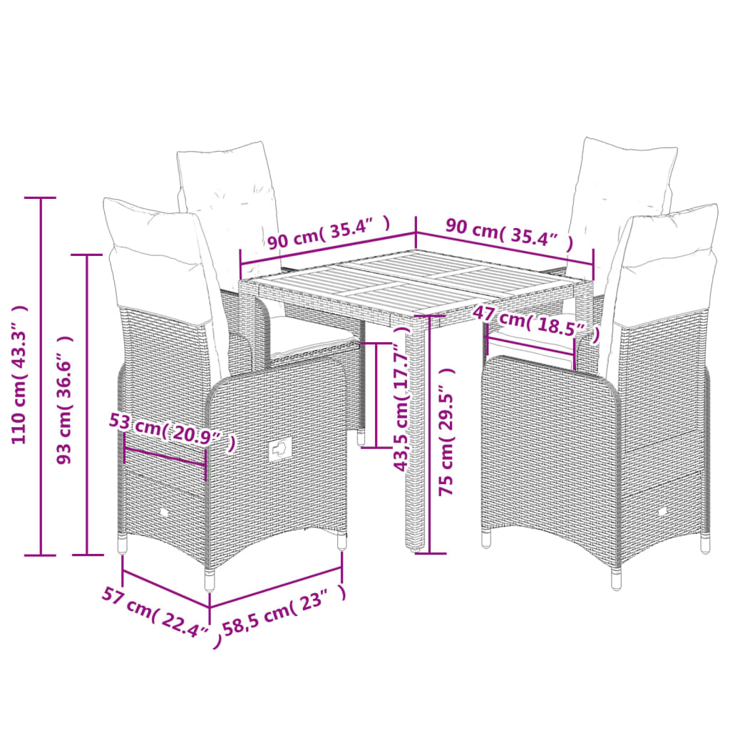 5 pcs conjunto de bistrô para jardim c/ almofadões vime PE bege