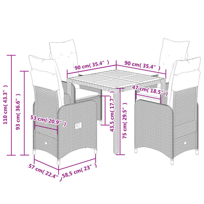 5 pcs conjunto de bistrô para jardim c/ almofadões vime PE bege