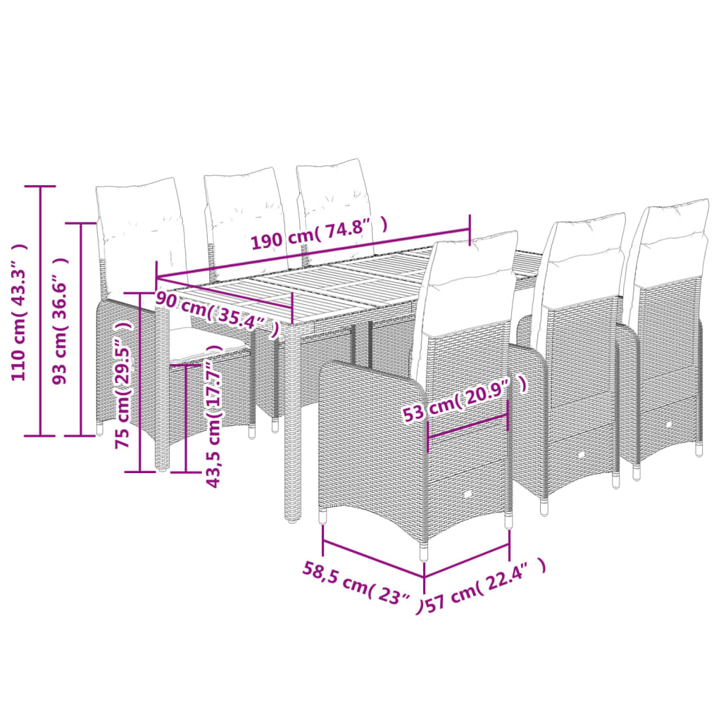 7 pcs conjunto de bistrô para jardim c/ almofadões vime PE bege