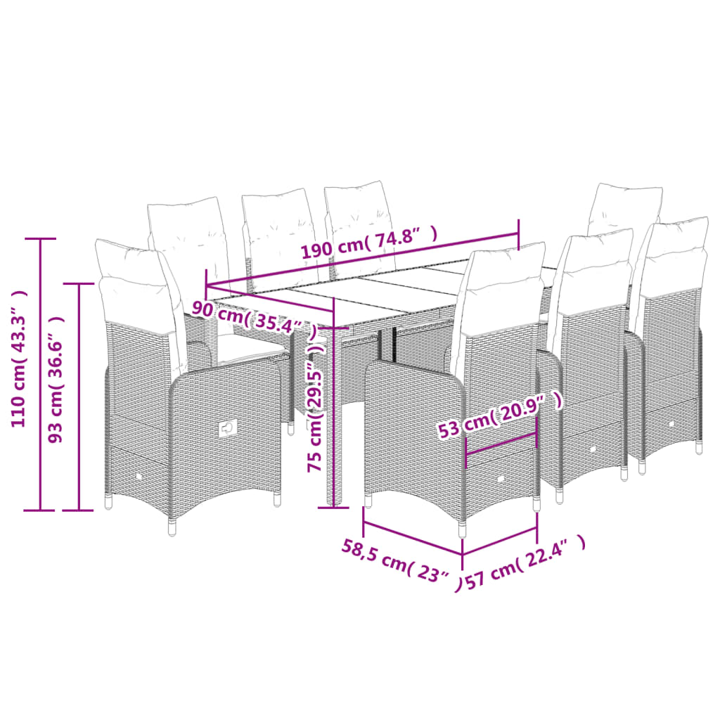 9 pcs conjunto de bistrô para jardim c/ almofadões vime PE bege