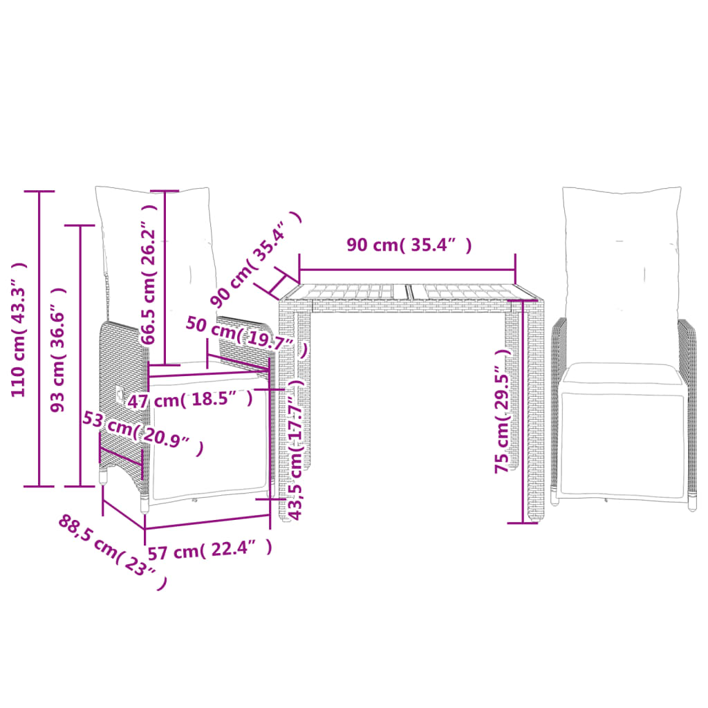 3 pcs conjunto bistrô de jardim c/ almofadões vime PE preto