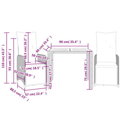 3 pcs conjunto bistrô de jardim c/ almofadões vime PE preto