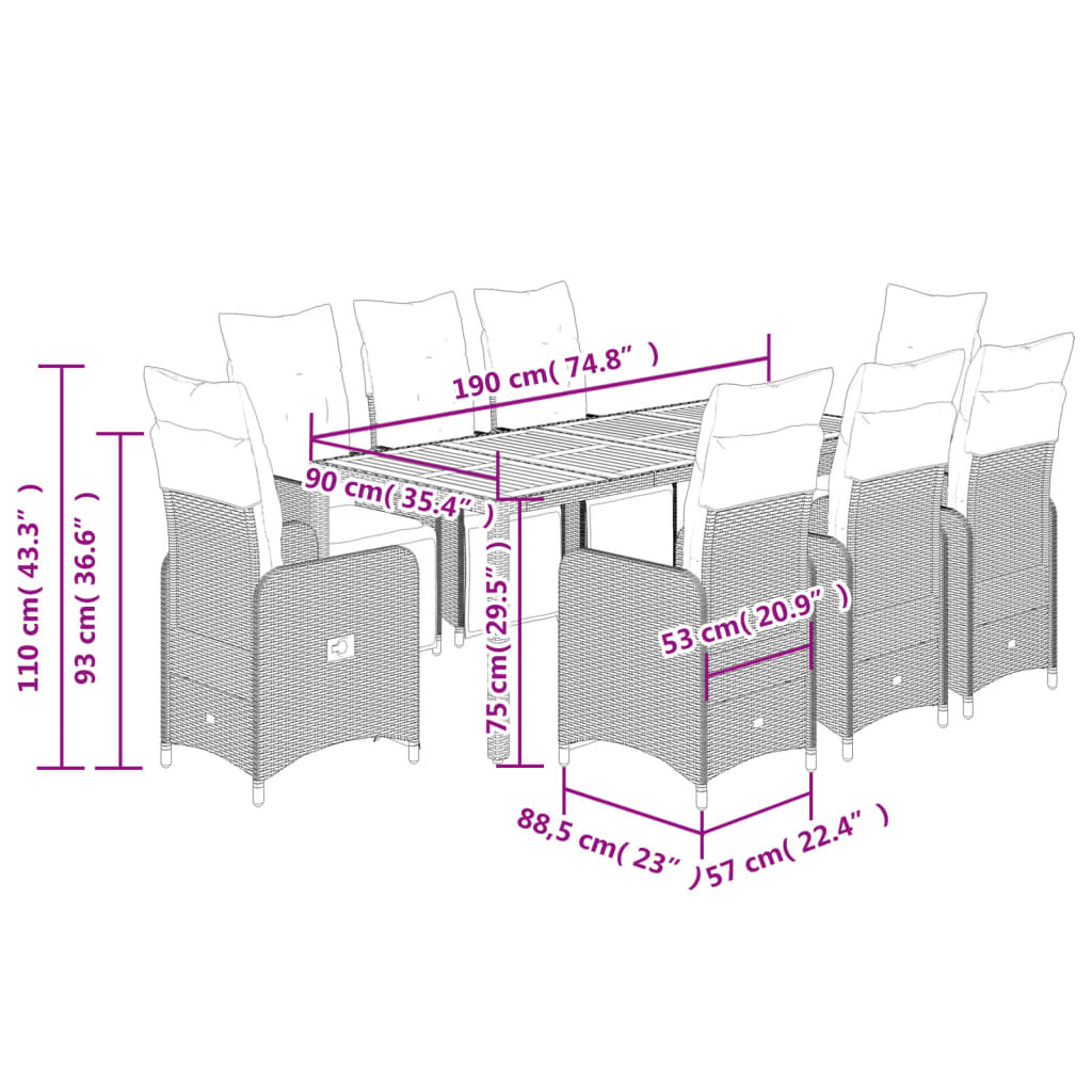 9 pcs conjunto de bistrô p/ jardim c/ almofadões vime PE preto