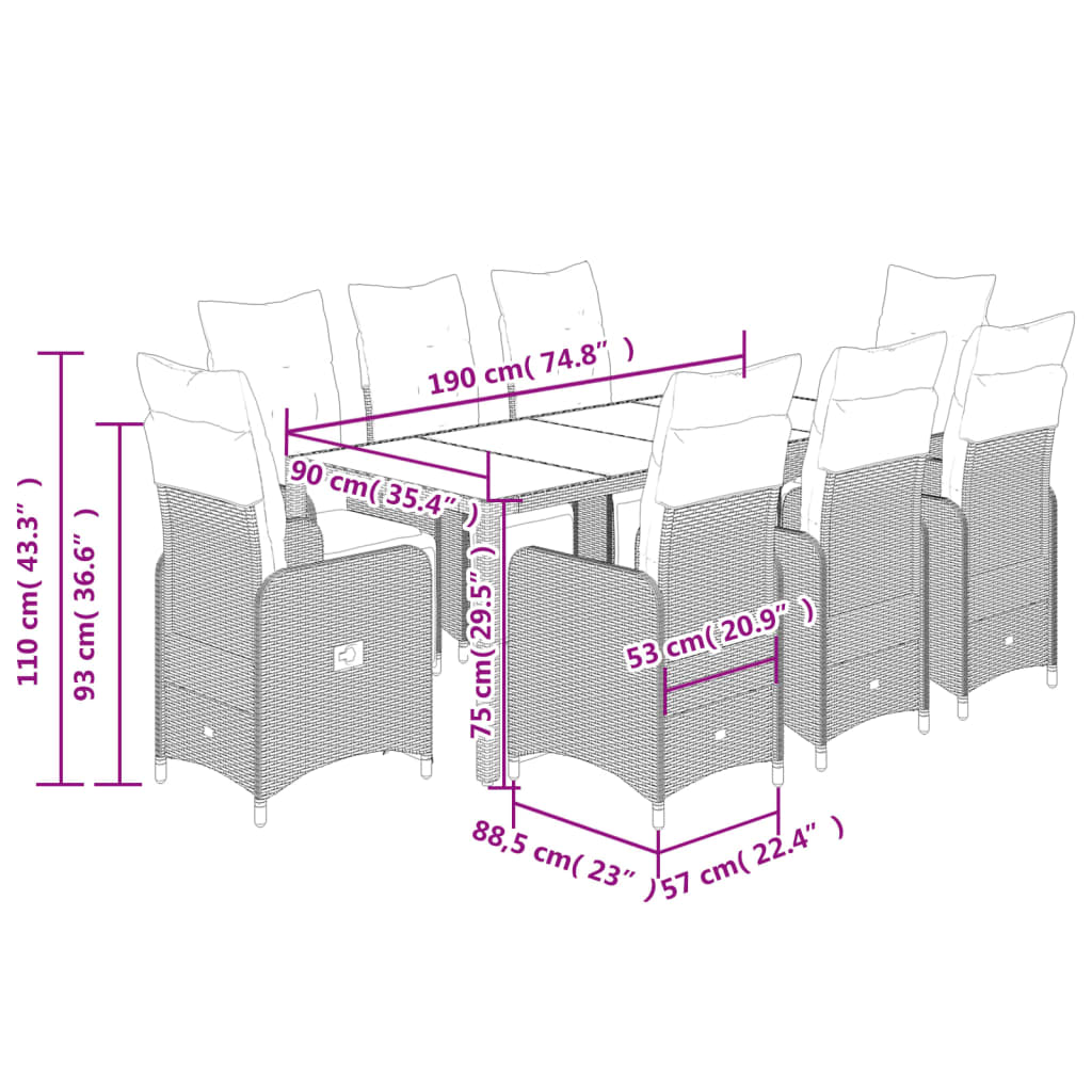 9 pcs conjunto de bistrô p/ jardim c/ almofadões vime PE preto