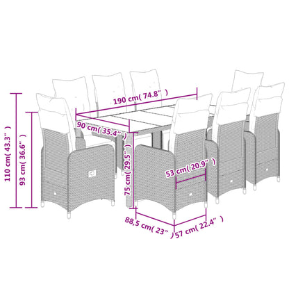 9 pcs conjunto de bistrô p/ jardim c/ almofadões vime PE preto