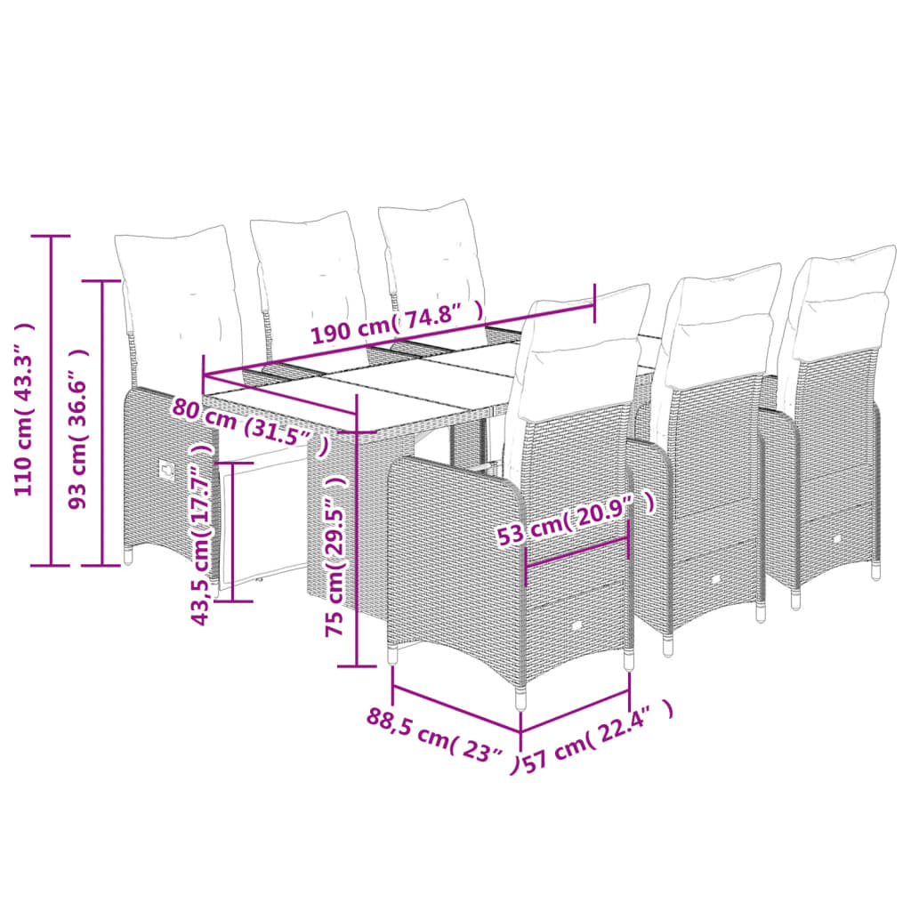 7 pcs conjunto de bistrô p/ jardim c/ almofadões vime PE preto