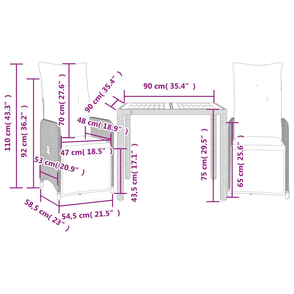 3 pcs conjunto bistrô de jardim c/ almofadões vime PE cinza