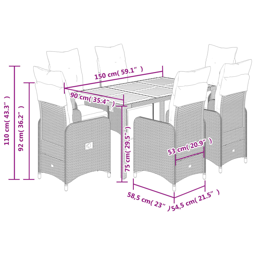 7 pcs conjunto bistrô de jardim c/ almofadões vime PE cinza