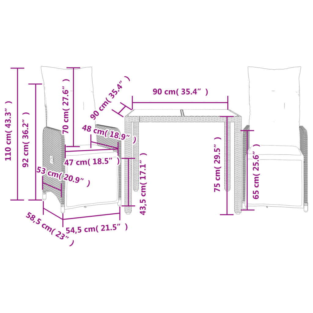 3 pcs conjunto bistrô de jardim c/ almofadões vime PE cinza