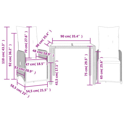 3 pcs conjunto bistrô de jardim c/ almofadões vime PE cinza