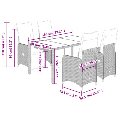 5 pcs conjunto bistrô de jardim c/ almofadões vime PE cinza