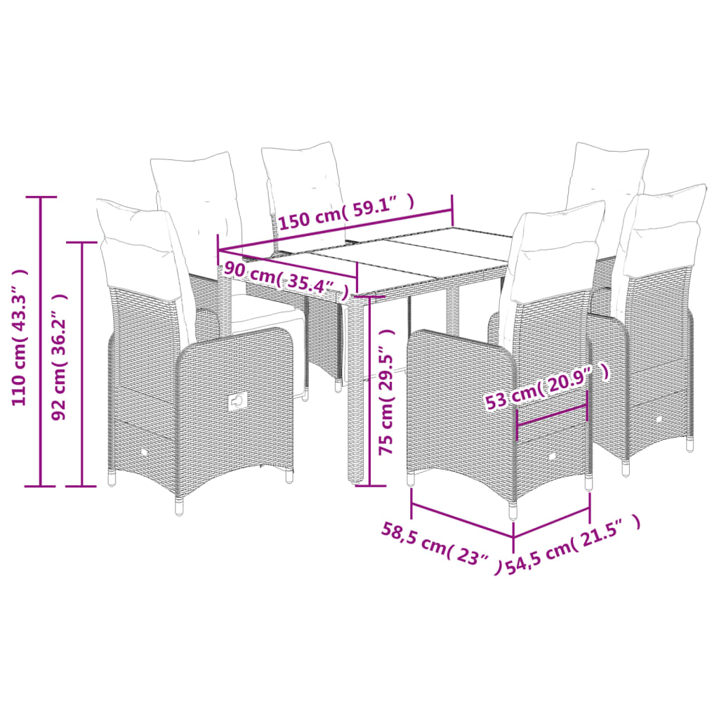 7 pcs conjunto bistrô de jardim c/ almofadões vime PE cinza