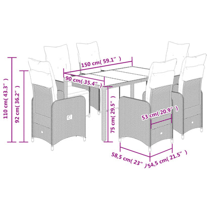 7 pcs conjunto bistrô de jardim c/ almofadões vime PE cinza