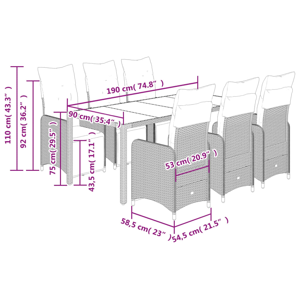 7 pcs conjunto bistrô de jardim c/ almofadões vime PE cinza