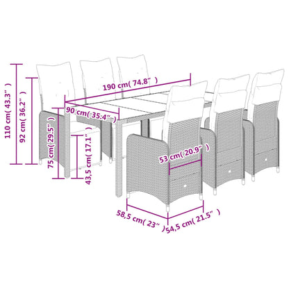 7 pcs conjunto bistrô de jardim c/ almofadões vime PE cinza