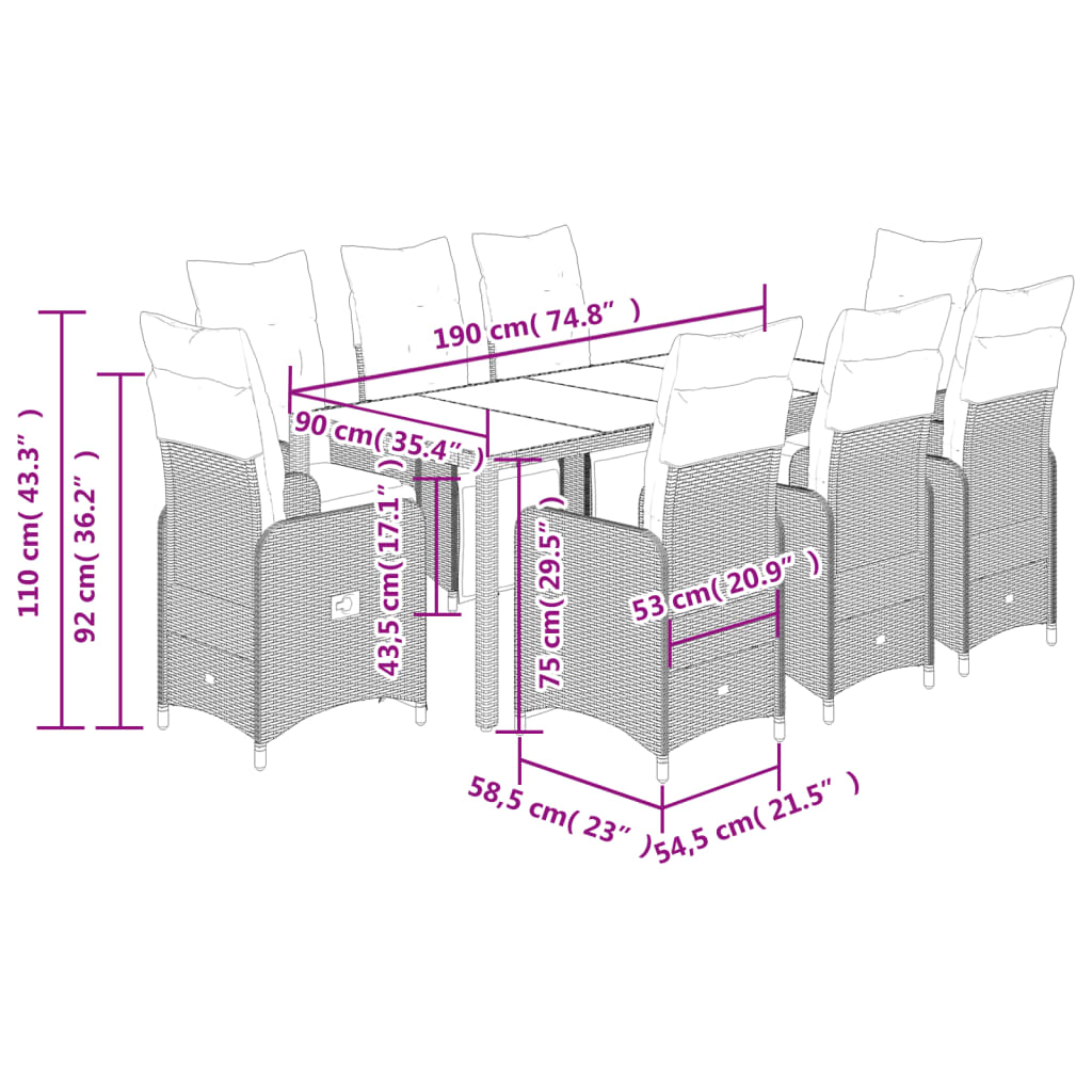 9 pcs conjunto bistrô de jardim c/ almofadões vime PE cinzento