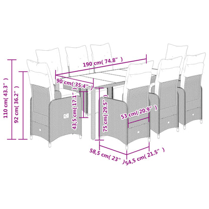 9 pcs conjunto bistrô de jardim c/ almofadões vime PE cinzento