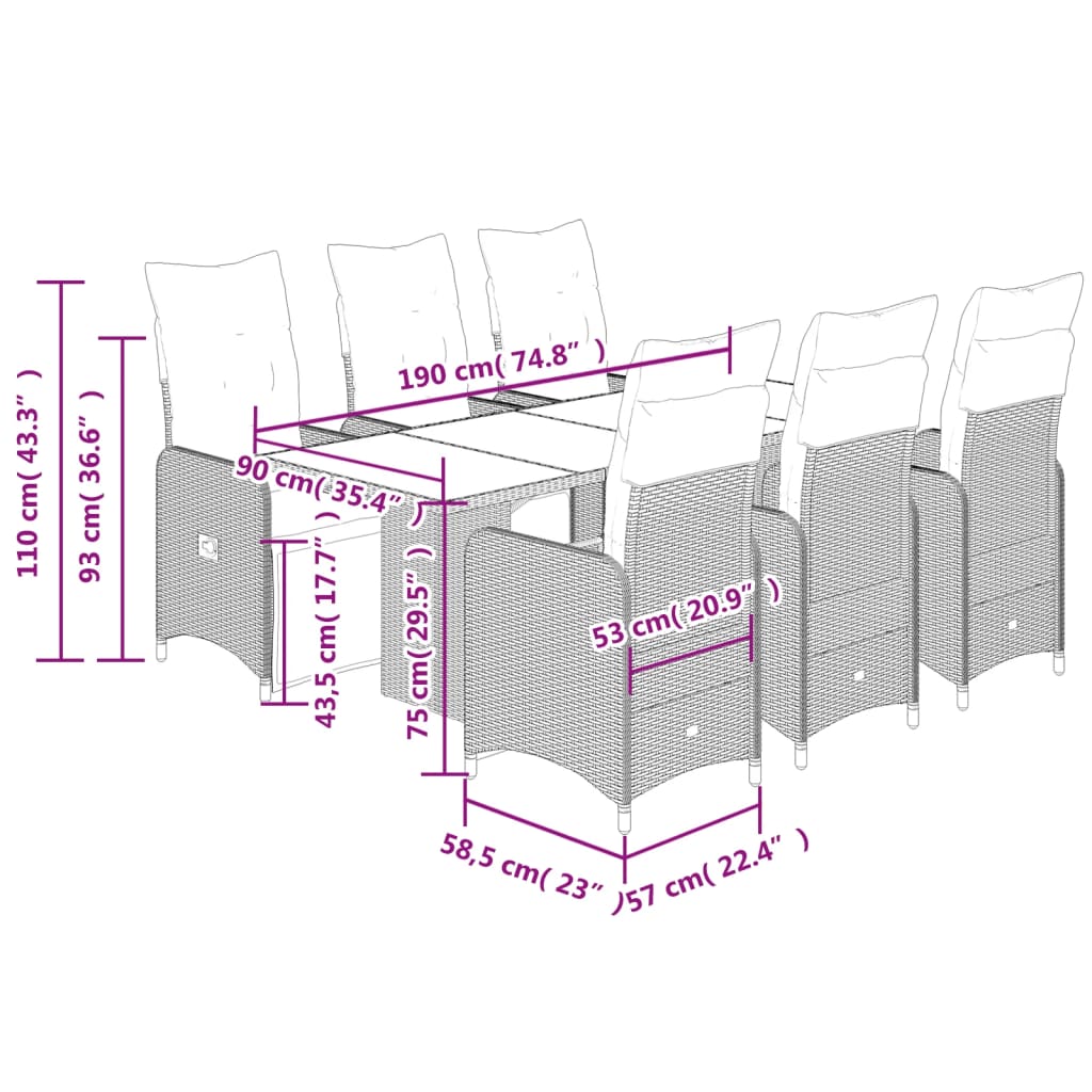 7 pcs conjunto bistrô de jardim c/ almofadões vime PE cinza