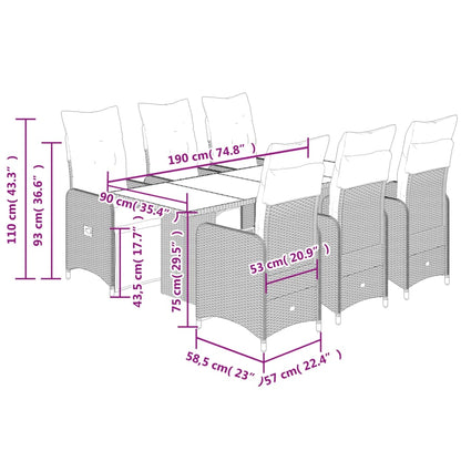 7 pcs conjunto bistrô de jardim c/ almofadões vime PE cinza