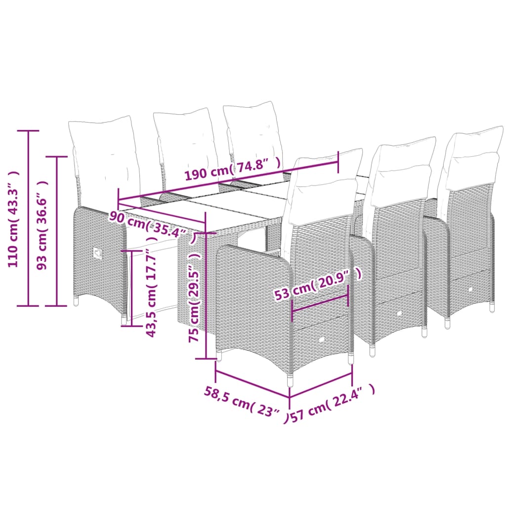 7 pcs conjunto bistrô de jardim c/ almofadões vime PE castanho