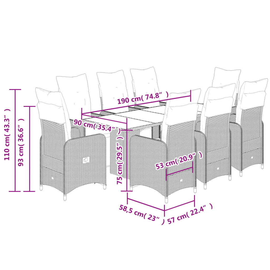 9 pcs conjunto bistrô de jardim c/ almofadões vime PE castanho