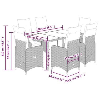 7 pcs conjunto bistrô de jardim c/ almofadões vime PE castanho