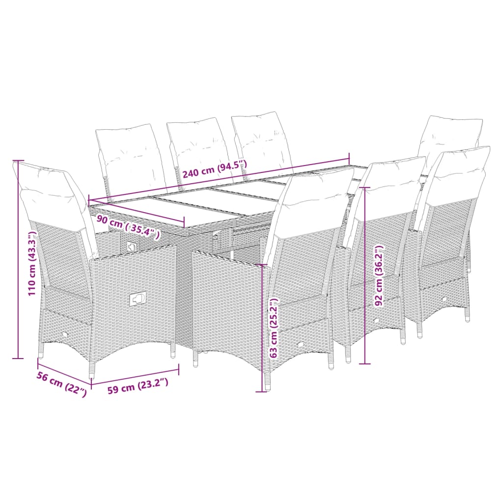 9 pcs conjunto bistrô de jardim c/ almofadões vime PE cinzento