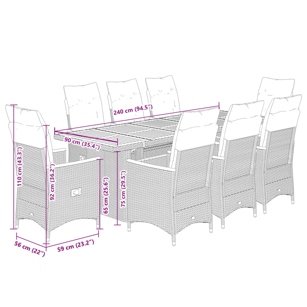 9 pcs conjunto de bistrô p/ jardim c/ almofadões vime PE preto