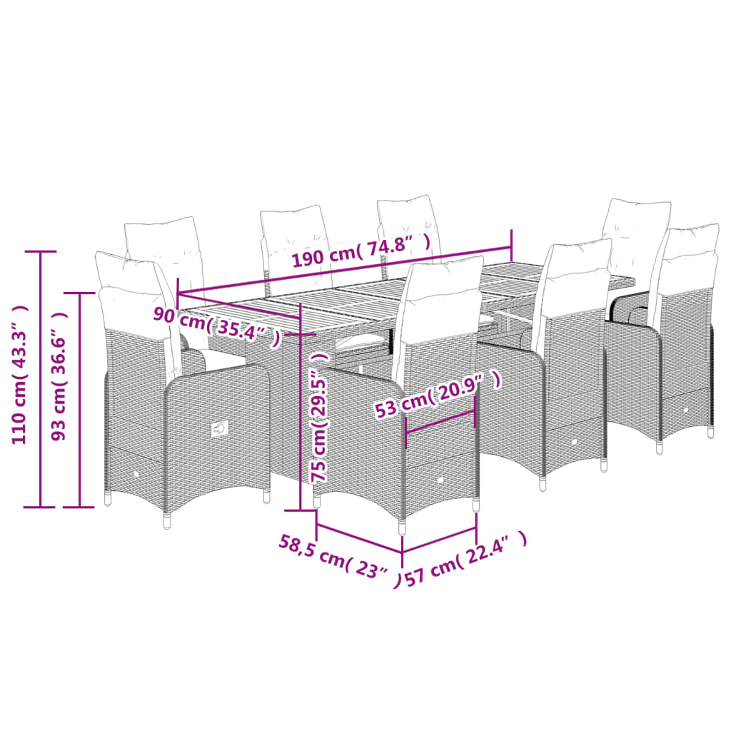 9 pcs conjunto bistrô de jardim c/ almofadões vime PE cinzento