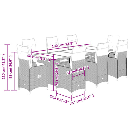 9 pcs conjunto de bistrô para jardim c/ almofadões vime PE bege