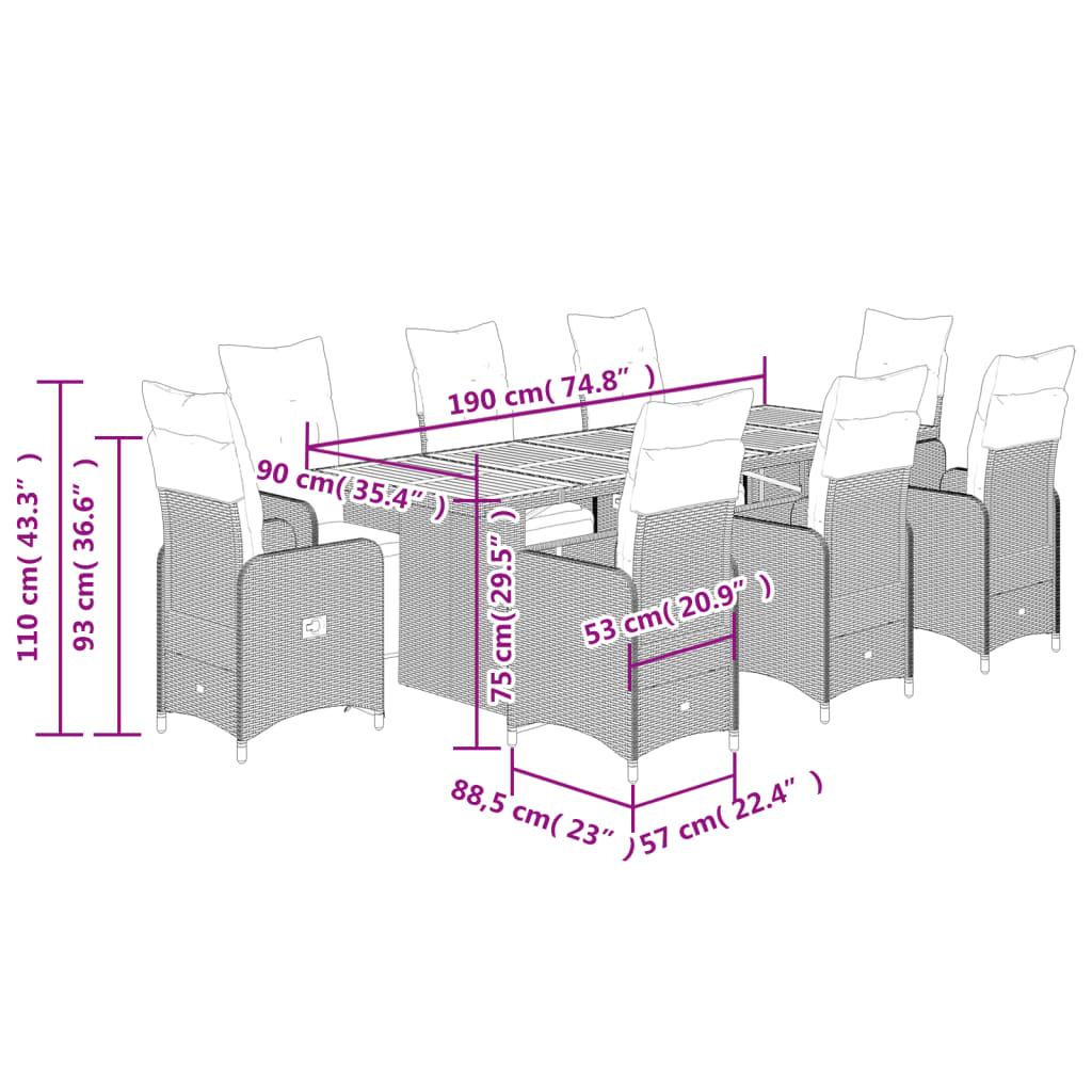 9 pcs conjunto bistrô de jardim c/ almofadões vime PE cinzento