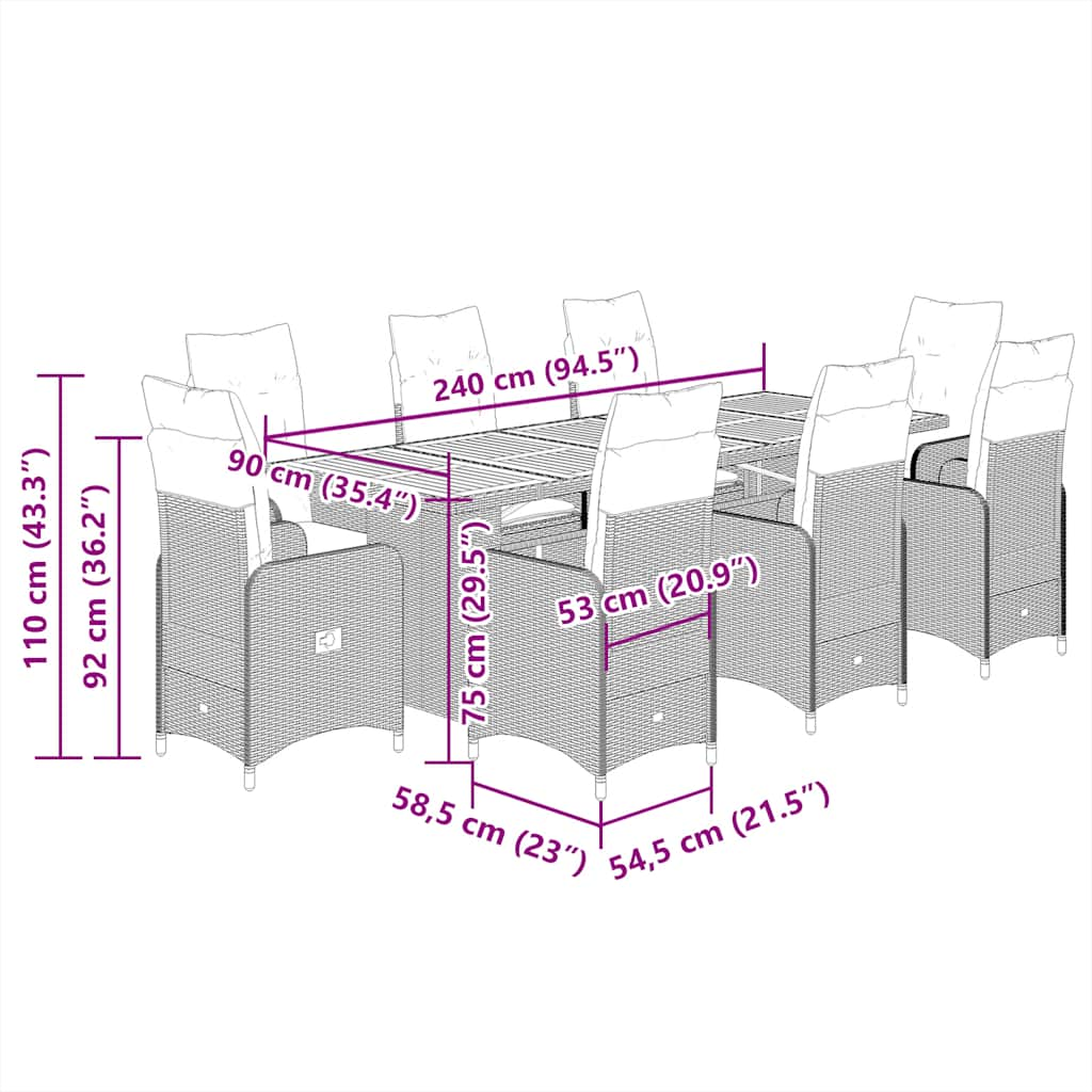 11 pcs conjunto bistrô de jardim c/ almofadões vime PE cinzento