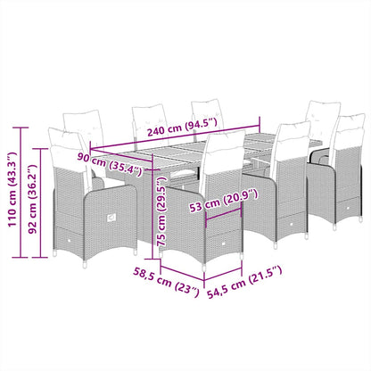 11 pcs conjunto bistrô de jardim c/ almofadões vime PE cinzento