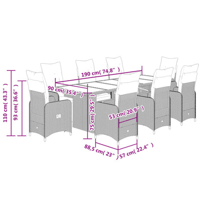 9 pcs conjunto bistrô de jardim c/ almofadões vime PE cinzento