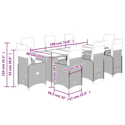 9 pcs conjunto de bistrô para jardim c/ almofadões vime PE bege