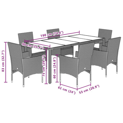 7 pcs conjunto jantar jardim c/almofadões vime PE/vidro preto