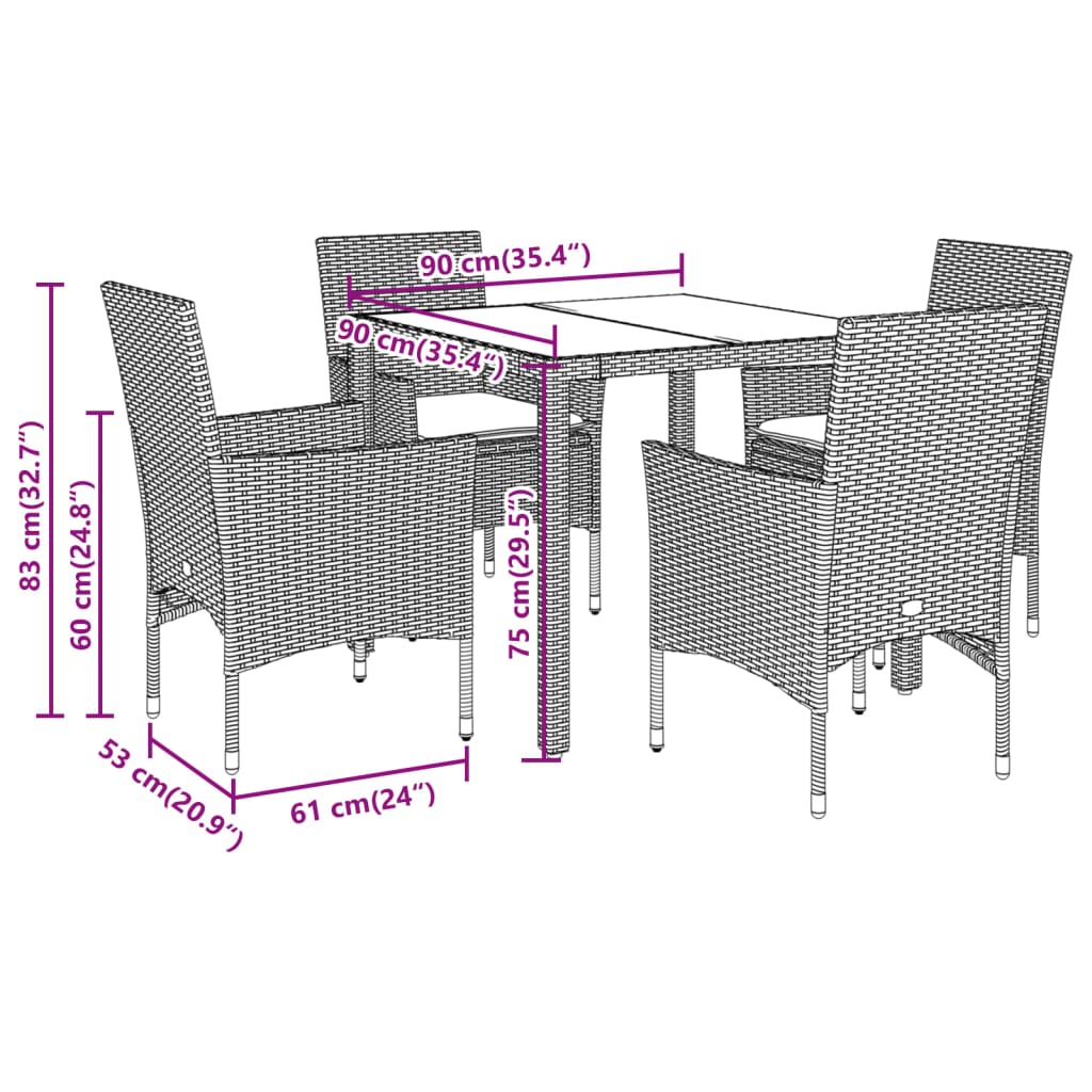 5pcs conjunto jantar jardim c/almofadões vime PE/vidro castanho