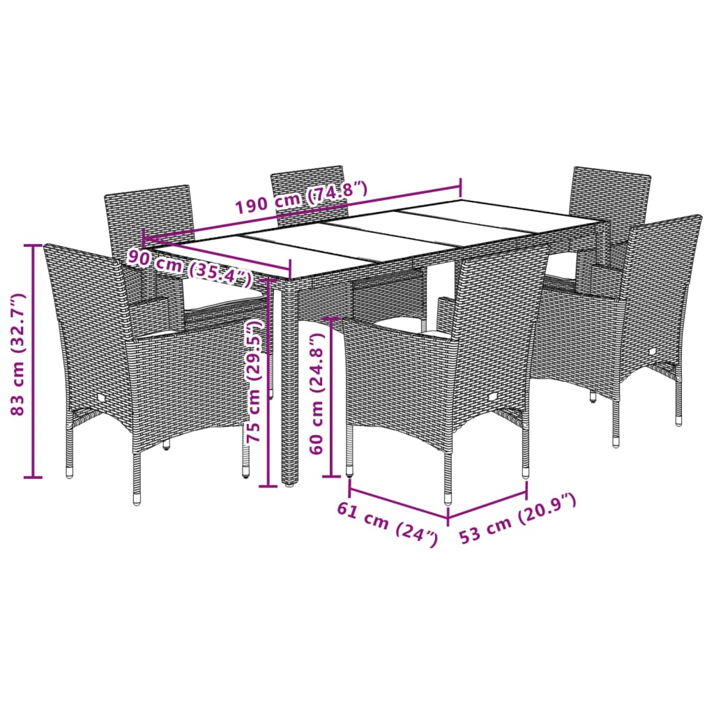 7 pcs conjunto jantar jardim c/ almofadões vime PE/vidro cinza