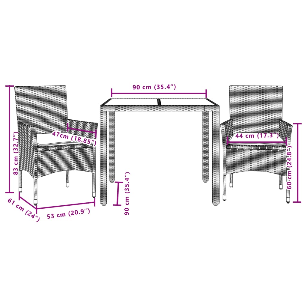 3 pcs conjunto jantar jardim com almofadões vime PE/vidro bege