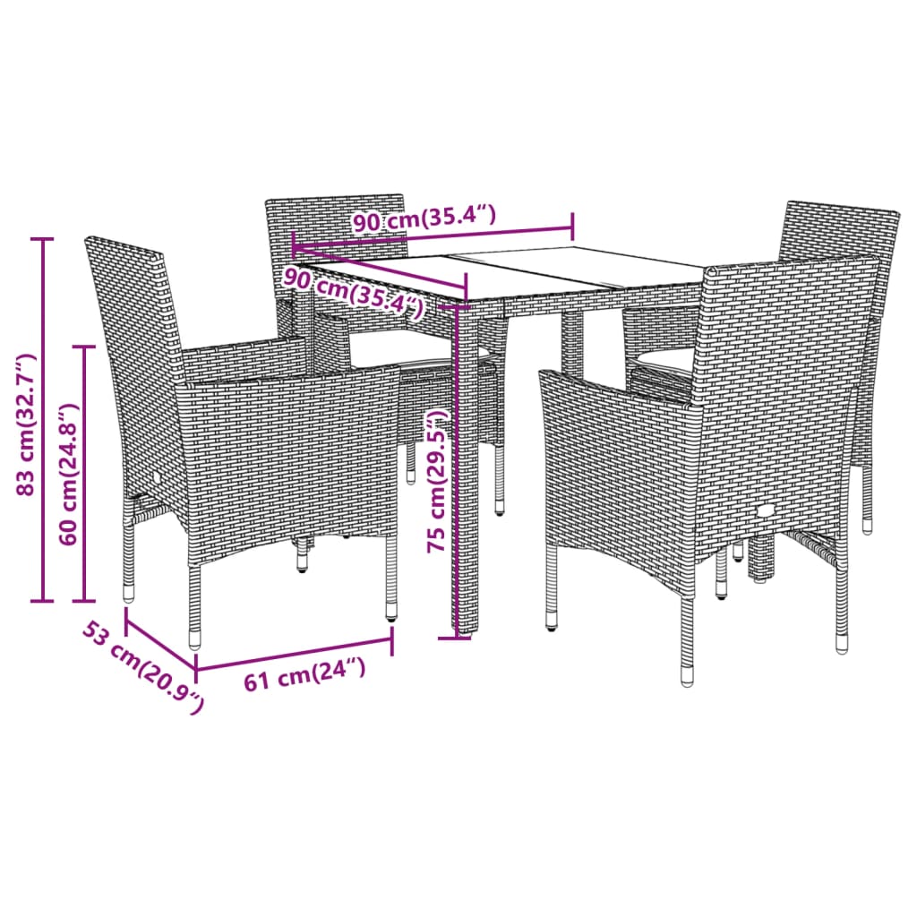 5 pcs conjunto jantar jardim com almofadões vime PE/vidro bege