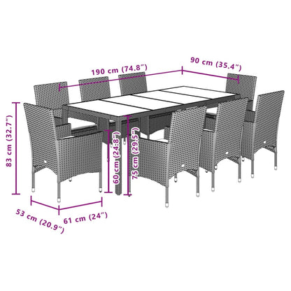 9 pcs conjunto jantar jardim com almofadões vime PE/vidro bege