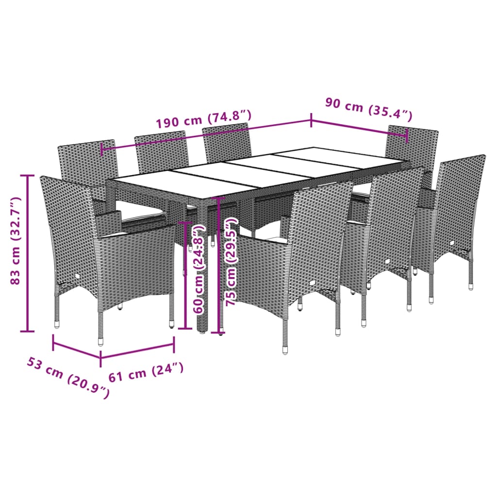 9 pcs conjunto jantar jardim com almofadões vime PE/vidro bege