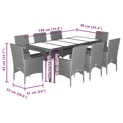 9 pcs conjunto jantar jardim com almofadões vime PE/vidro bege