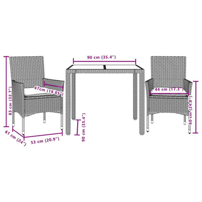 3 pcs conjunto jantar jardim c/ almofadões PE/vidro cinza claro