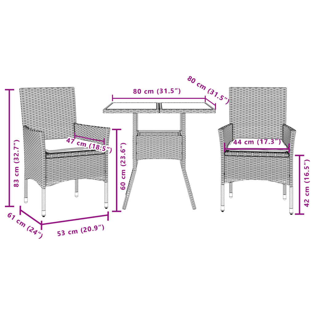 3pcs conjunto jantar jardim c/almofadões vime PE/vidro castanho