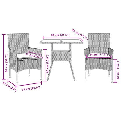 3pcs conjunto jantar jardim c/almofadões vime PE/vidro castanho