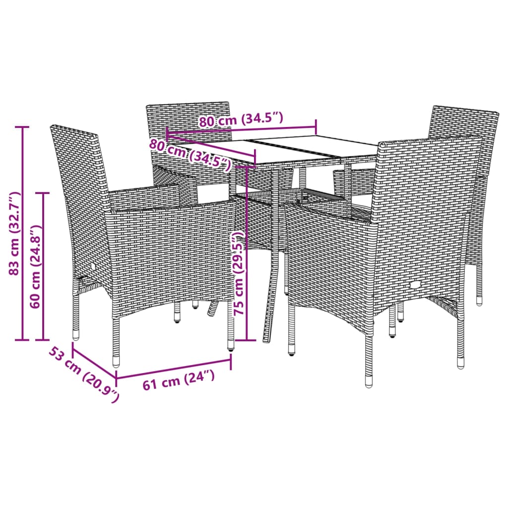 5pcs conjunto jantar jardim c/almofadões vime PE/vidro castanho